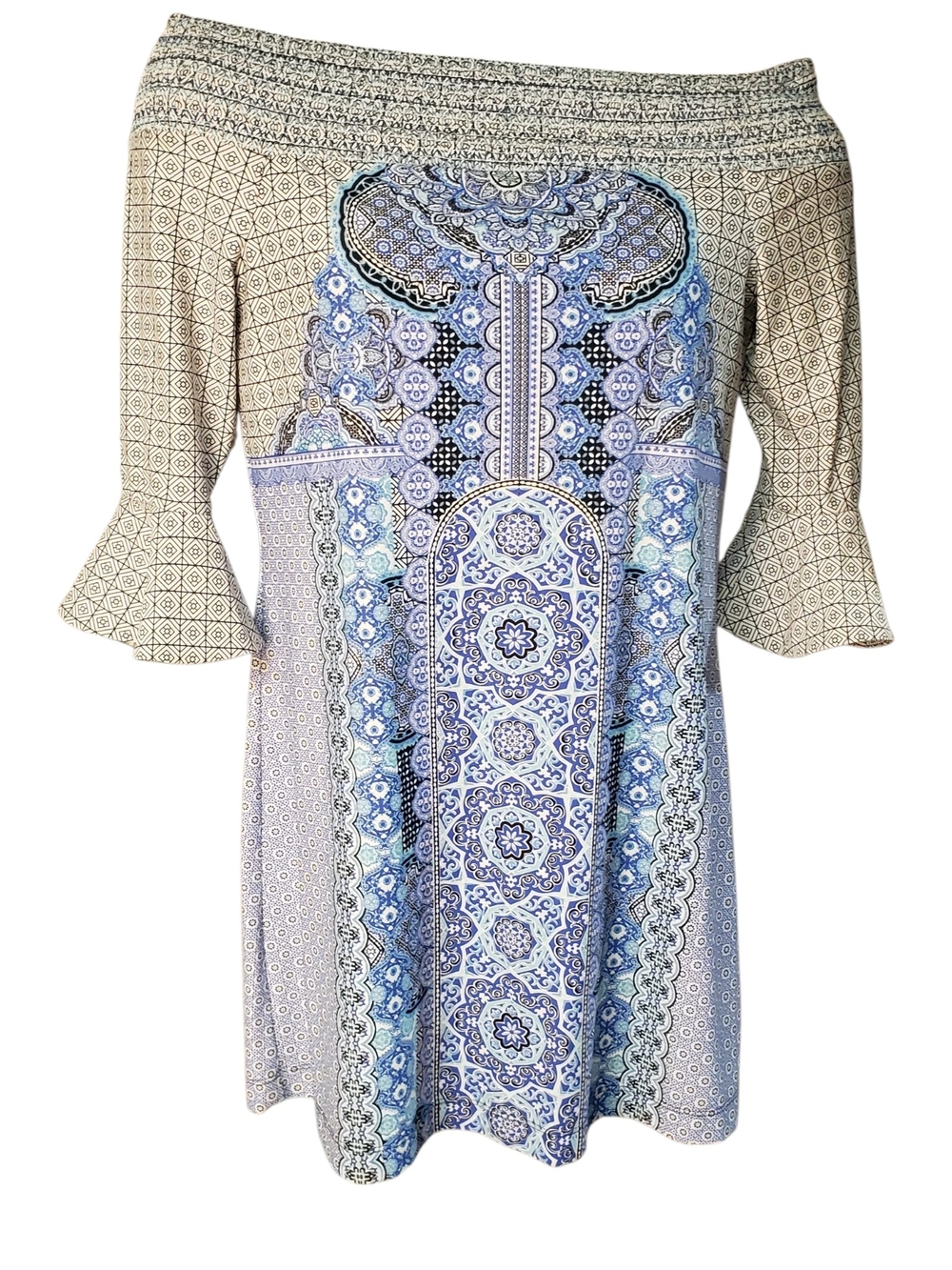 Cabana Life Off-Shoulder Blue Patterned Boho Dress Size S